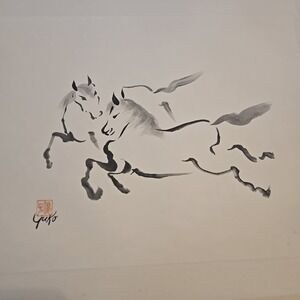 Yuko‎ Japanese Sumi-e Horse Ink Art Original Signed Framed 15x17 Drawing Asian